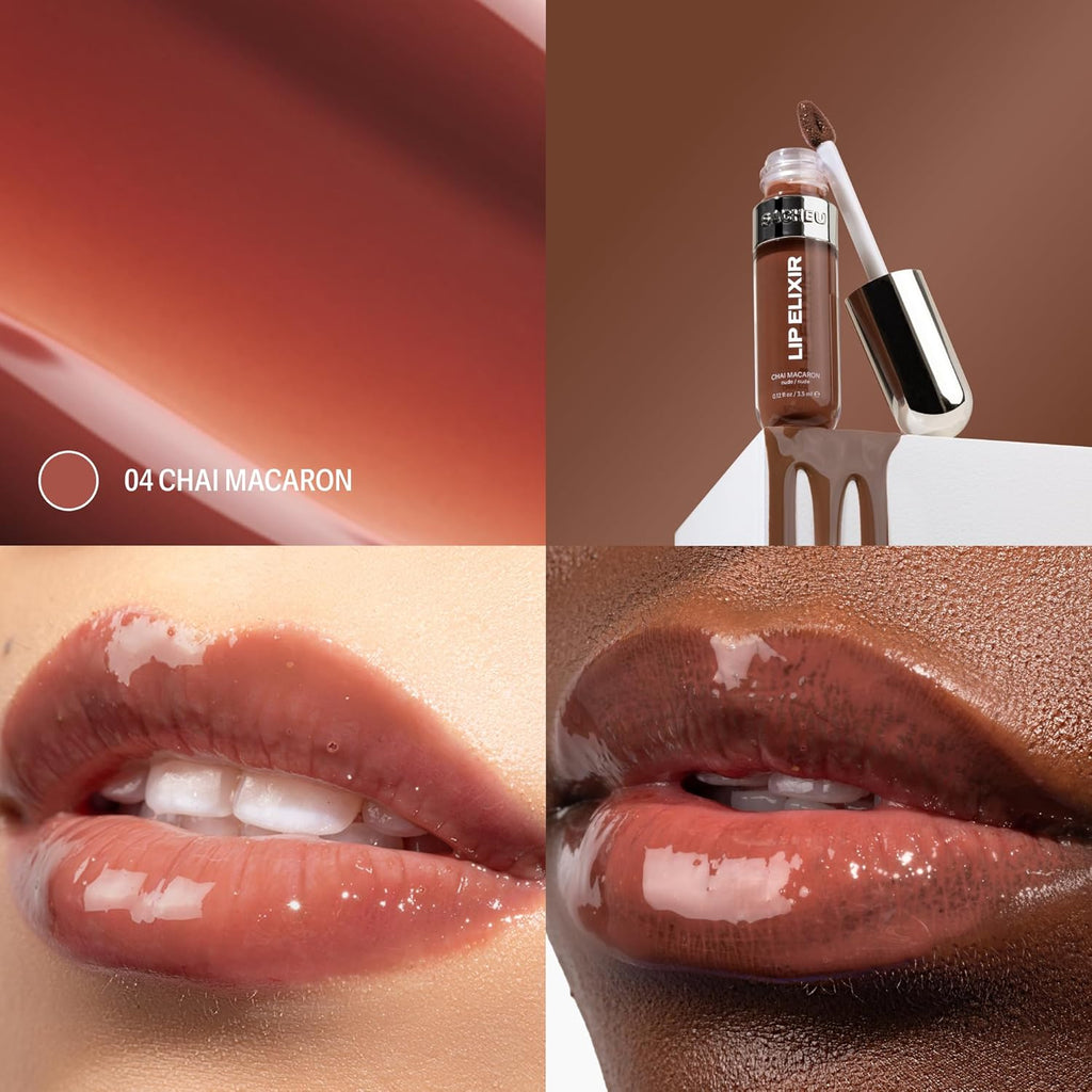 Sacheu Lip Elixir Hydrating Lip Gloss, High-Shine, Chai Macaron