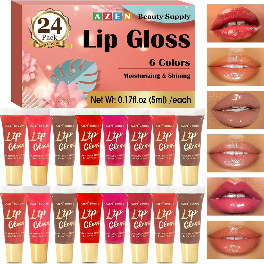 AZEN 24 Pack Lip Gloss Set, Color Lip Oil for Dry Cracked Lips Moisturizing Hydrating Nourishing with Vitamin E