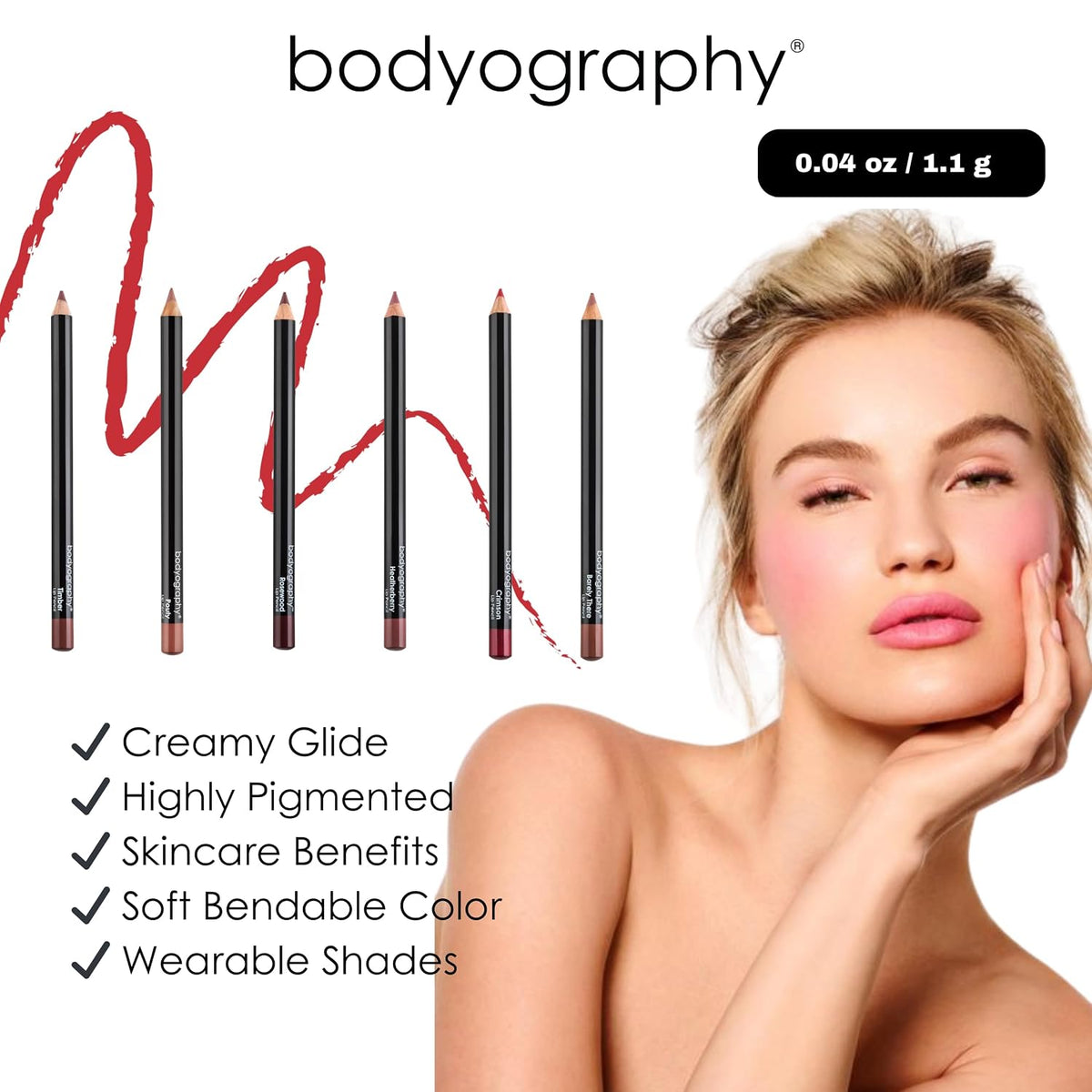 Bodyography Timber Lip Pencil | Lip Liner Pencil with Coconut Oil, Vitamin E & C | Long-Lasting, Matte Liner for Definition & Color | Makeup Essential for Smooth Lip Contour