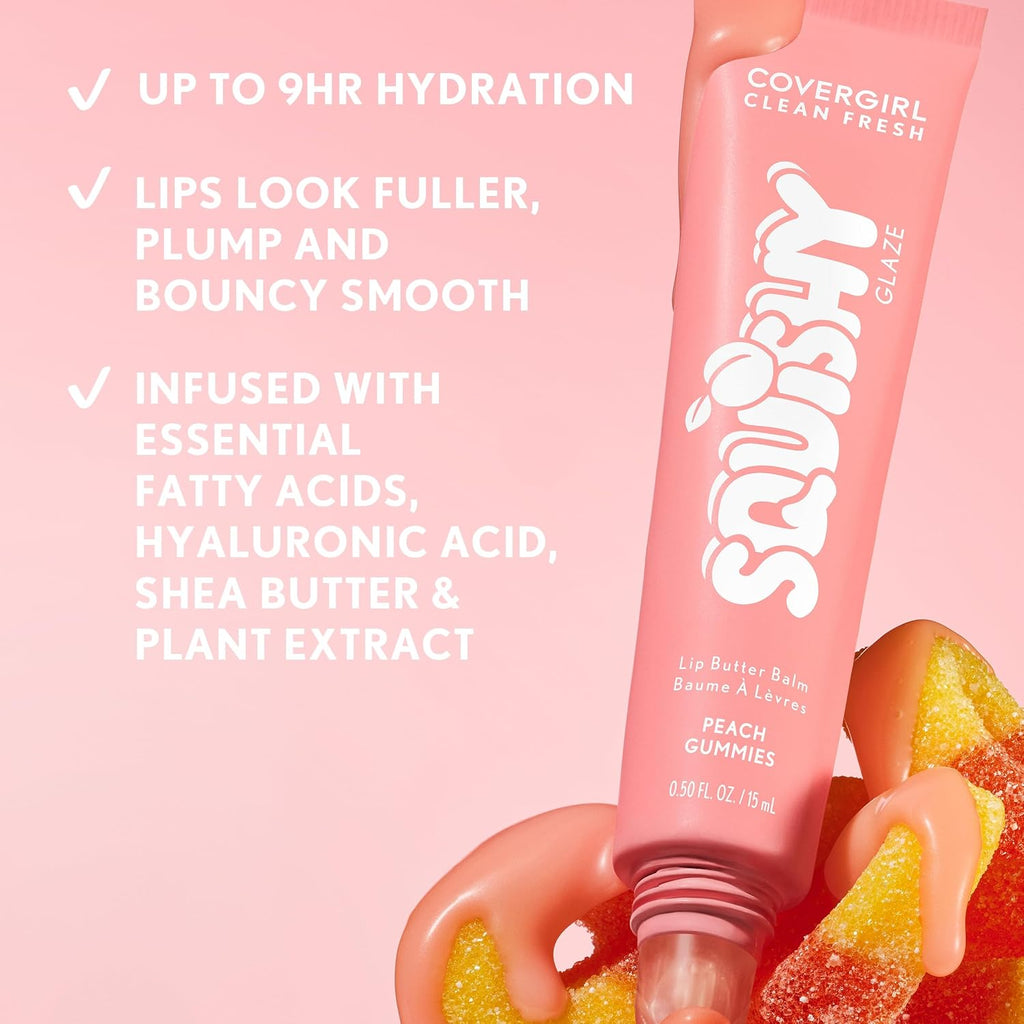 COVERGIRL Clean Fresh Squishy Glaze™ Lip Butter Balm, Flavored, Non-Sticky, with Vitamin E & Shea Butter – 180 Peach Gummies (Sheer Peach Pink)