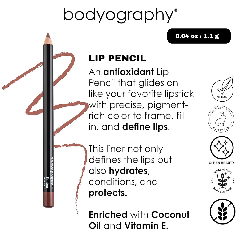 Bodyography Timber Lip Pencil | Lip Liner Pencil with Coconut Oil, Vitamin E & C | Long-Lasting, Matte Liner for Definition & Color | Makeup Essential for Smooth Lip Contour