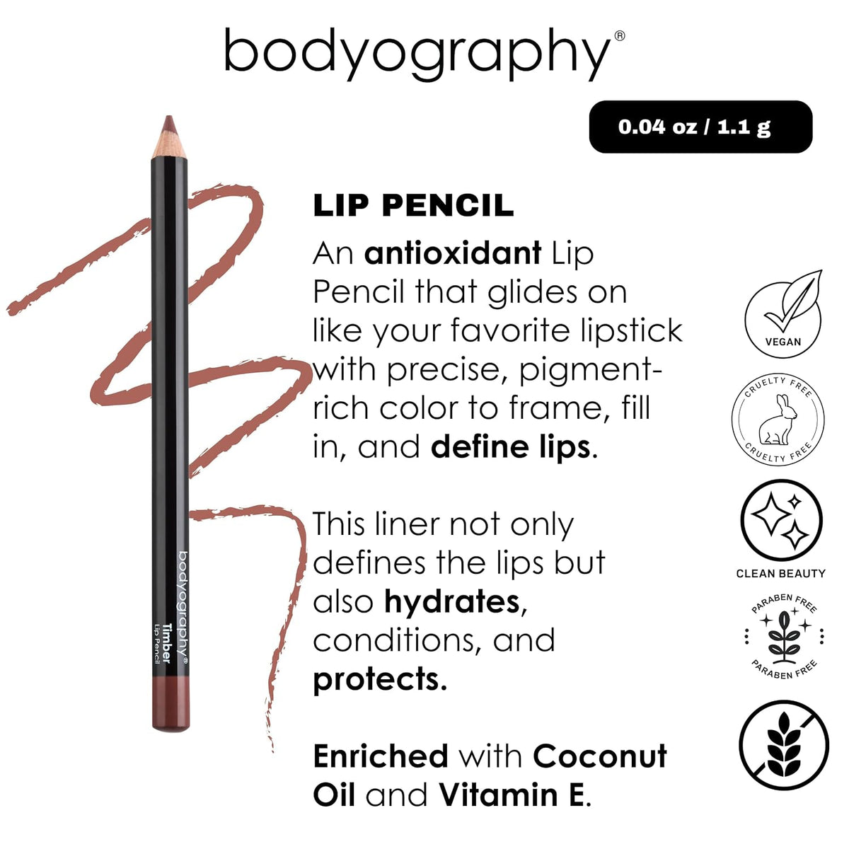 Bodyography Timber Lip Pencil | Lip Liner Pencil with Coconut Oil, Vitamin E & C | Long-Lasting, Matte Liner for Definition & Color | Makeup Essential for Smooth Lip Contour